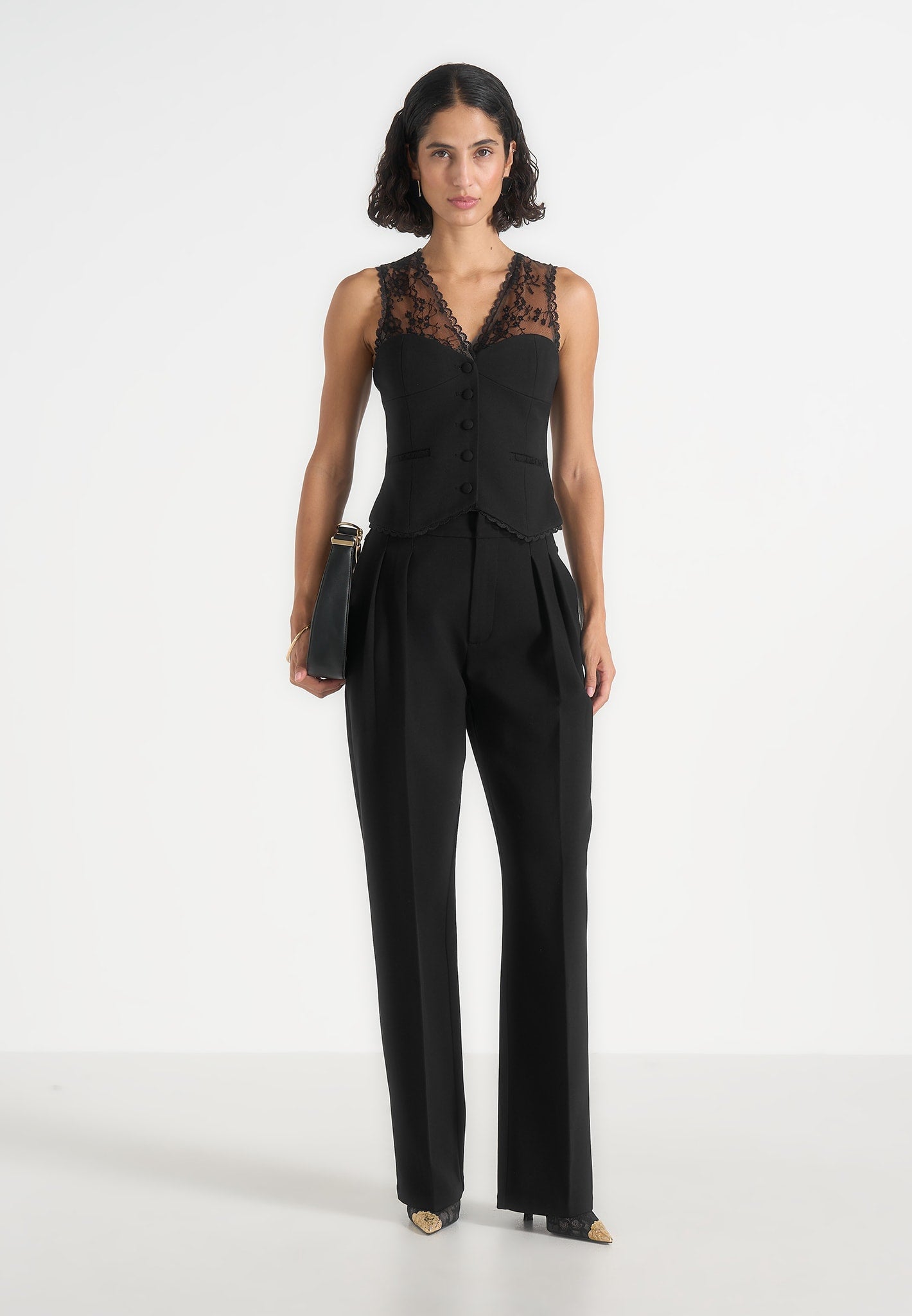 Veronica - Lace Tailored Corset Suit Vest - Black