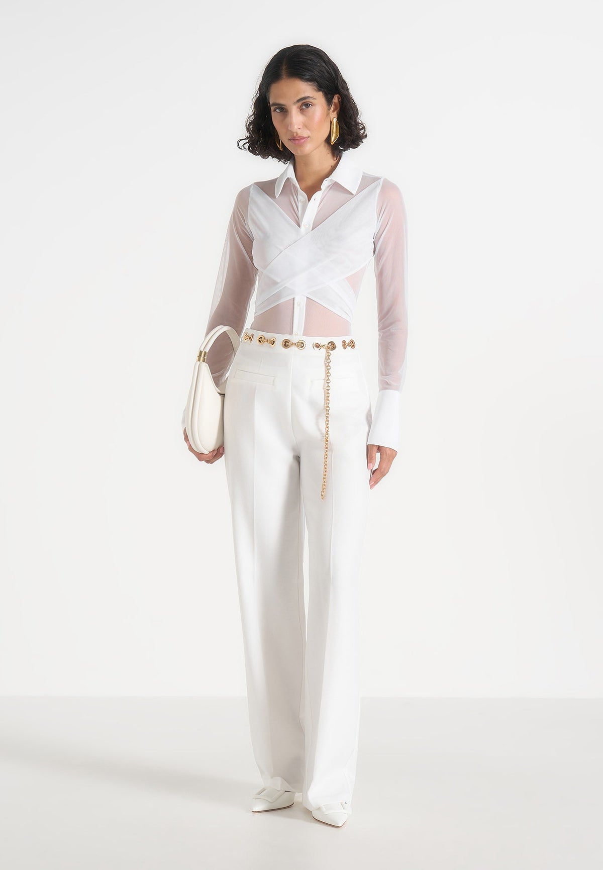 Canelle - Sheer Crossover Shirt Bodysuit – White