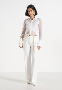 Canelle - Sheer Crossover Shirt Bodysuit – White