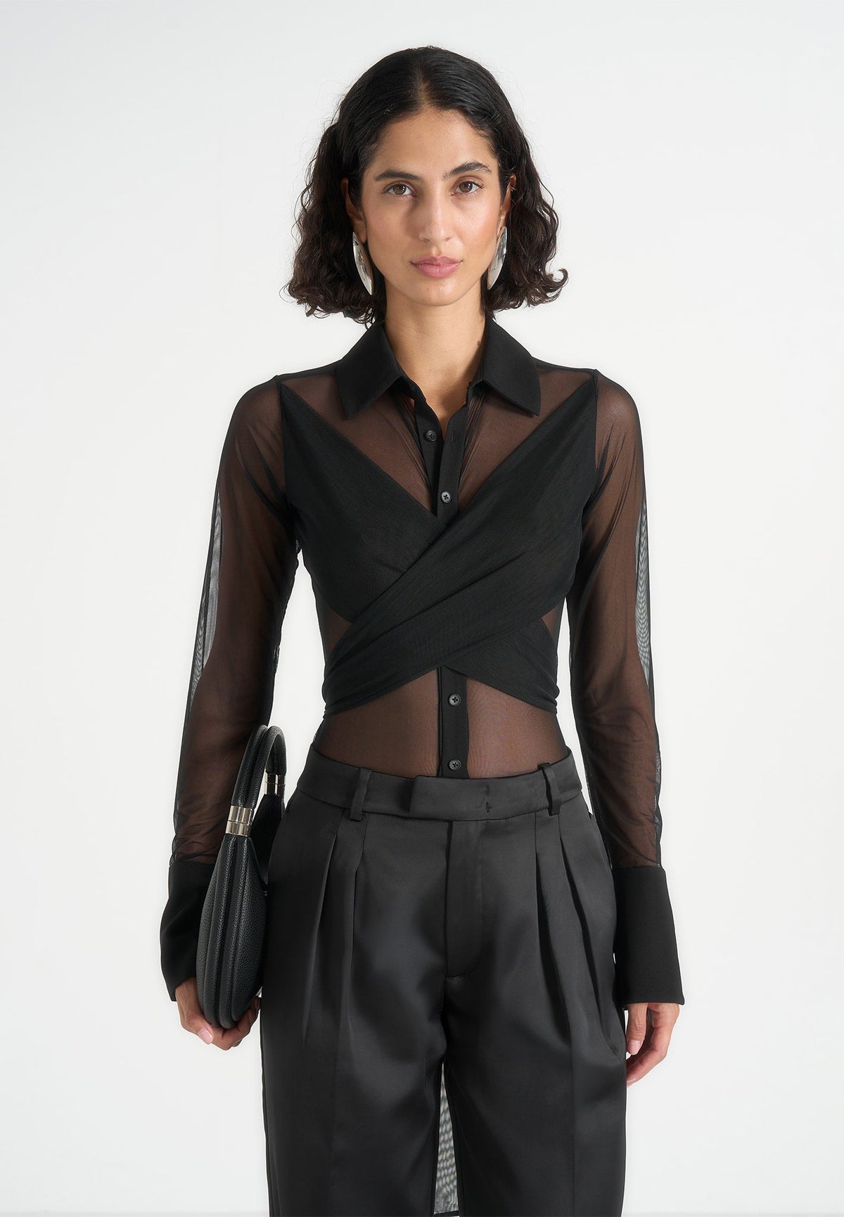 Canelle - Sheer Crossover Shirt Bodysuit – Black