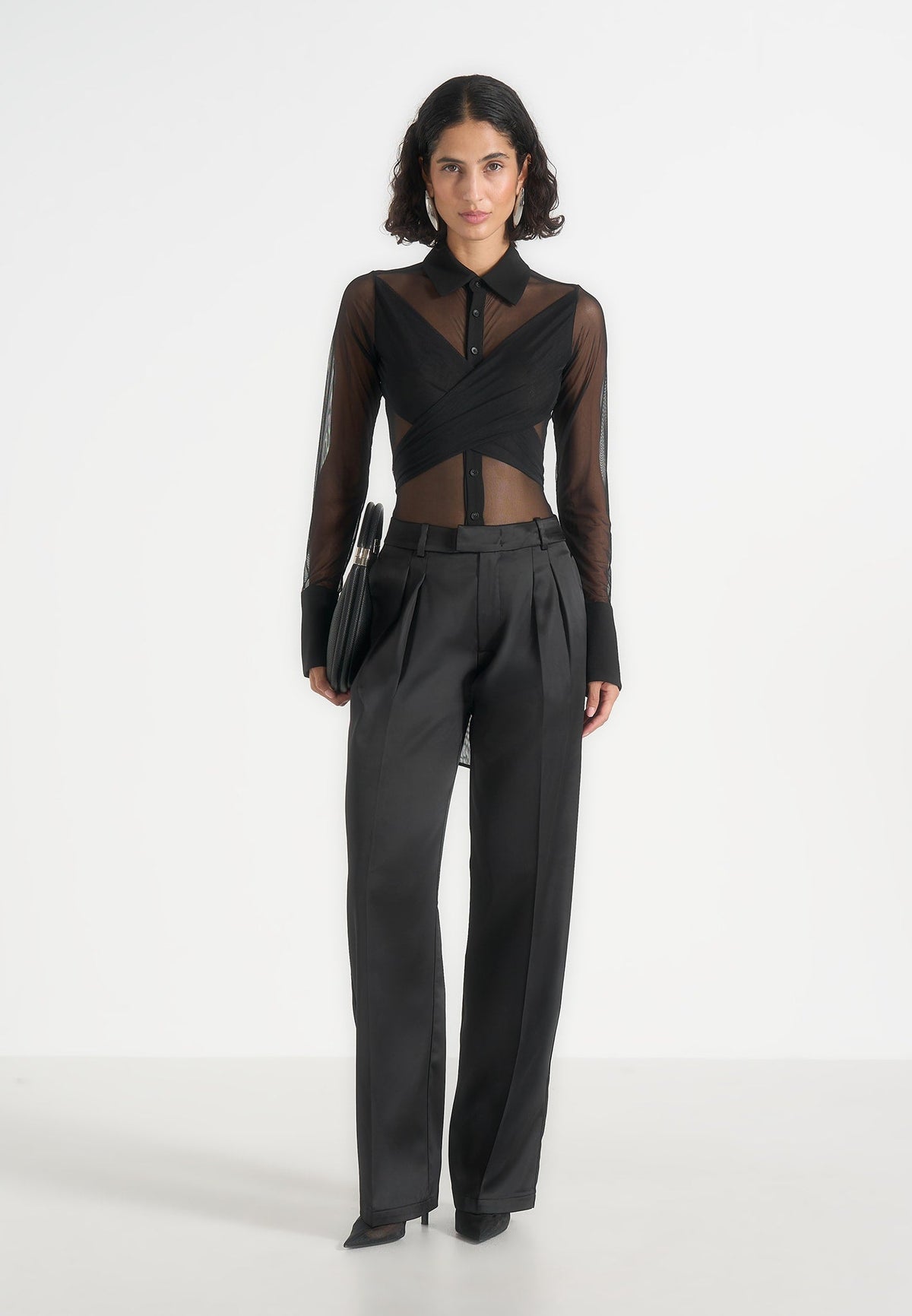 Canelle - Sheer Crossover Shirt Bodysuit – Black