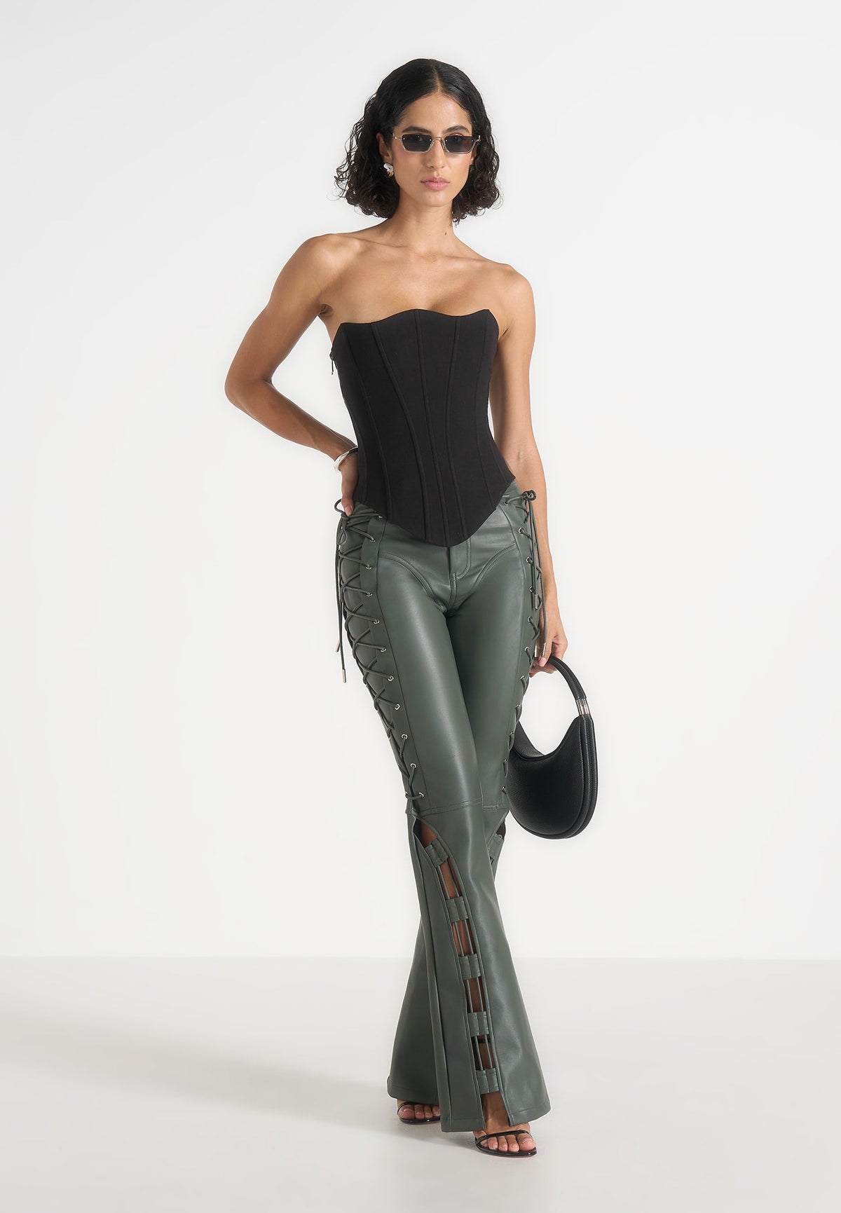 Ambre - Vegan Leather Lace Up Flared Trousers - Olive