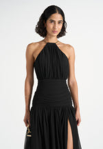 Fabienne - Metallic Ruched Halterneck Maxi Dress - Black