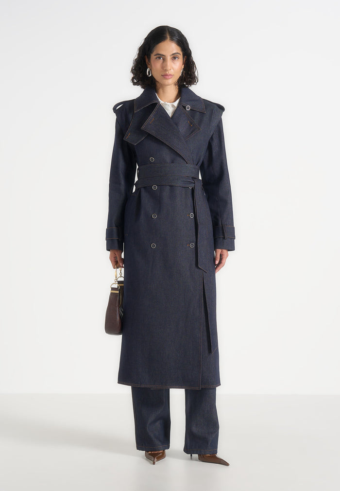 Esther - Denim Trench Coat With Double Belt - Indigo