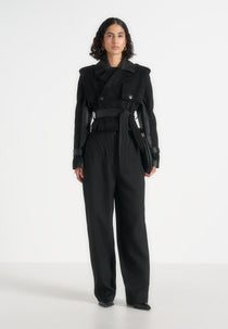Lelia - Cropped Suede Trench 2-in-1 Gilet Coat With Belt - Black