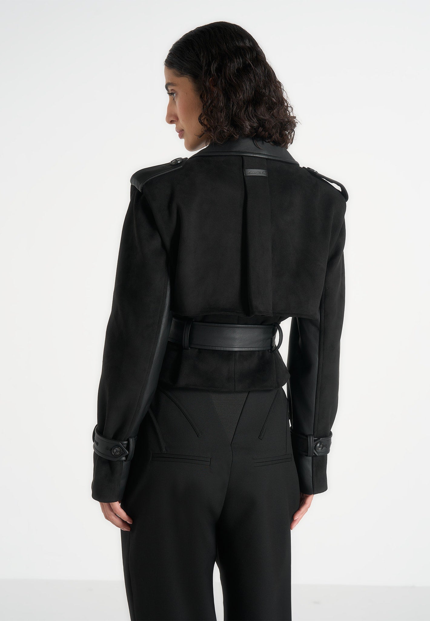 Lelia - Cropped Suede Trench 2-in-1 Gilet Coat With Belt - Black