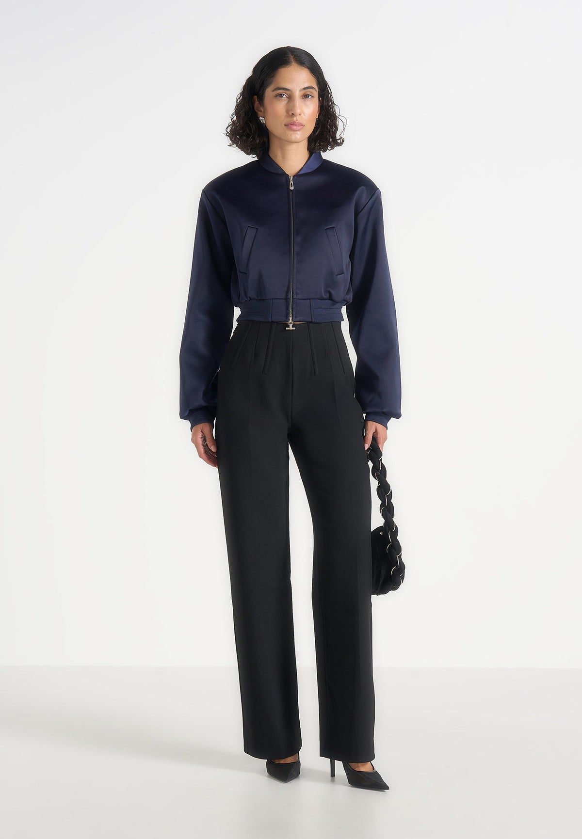 Monique - Satin Wide Shoulder Bomber Jacket - Navy