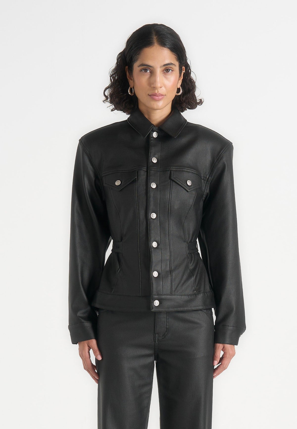Karla - Wax Effect Cinch Waist Jacket - Black