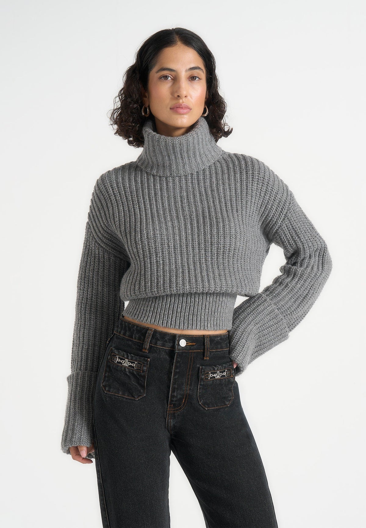 Amaya - Roll Neck Knit Jumper With Cuffs - Grey