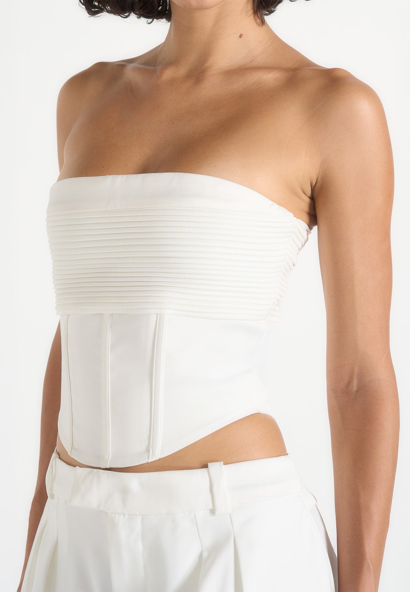 Cora - Satin Pintuck Bandeau Corset Top - Off White