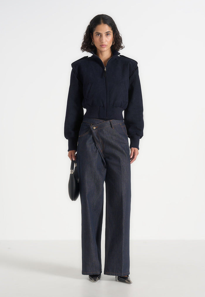 Delfina - Suede Layered-Shoulder Cropped Bomber Jacket - Navy