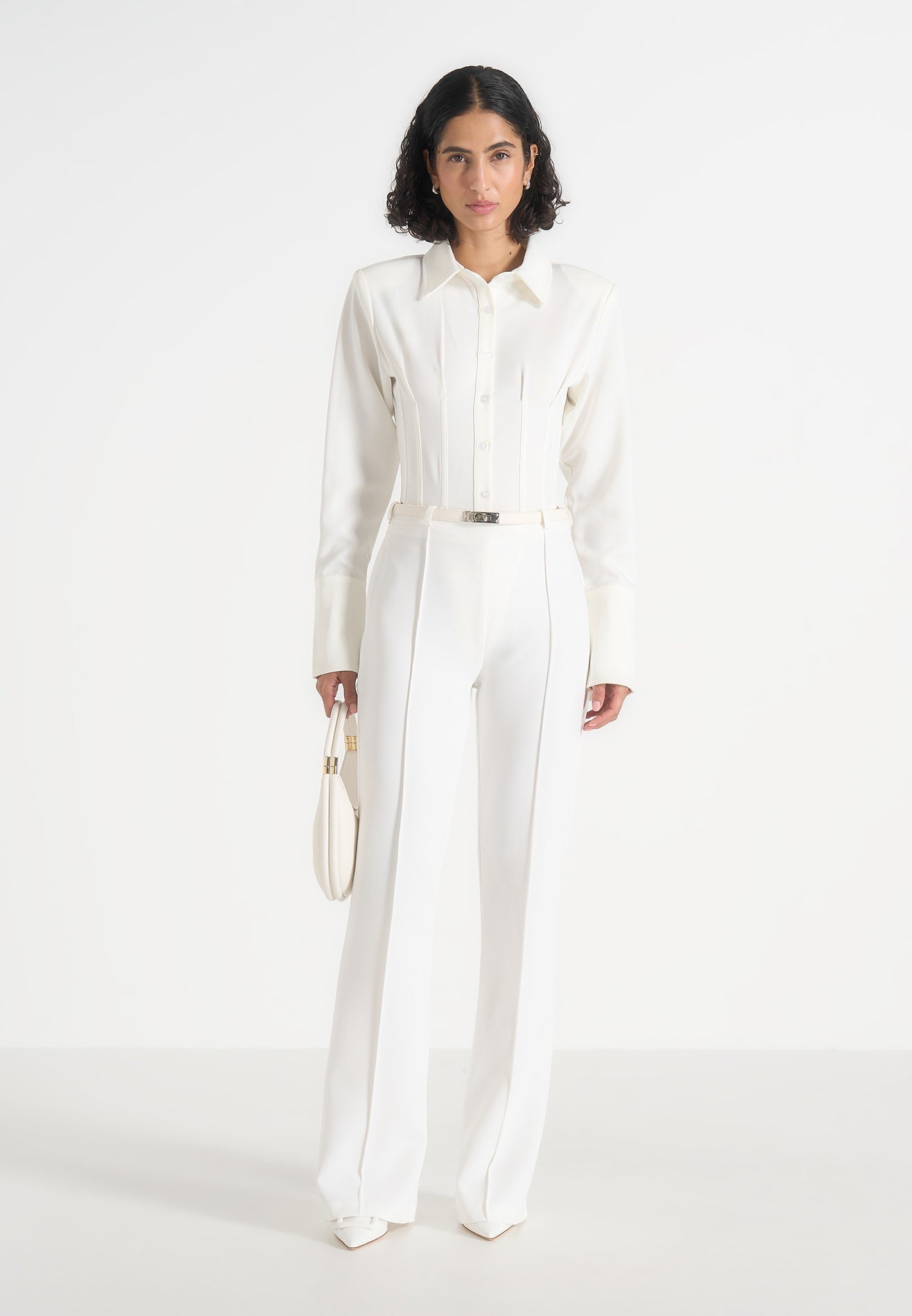 Quinn - High-Waisted Belted Fit & Flare Trousers - White