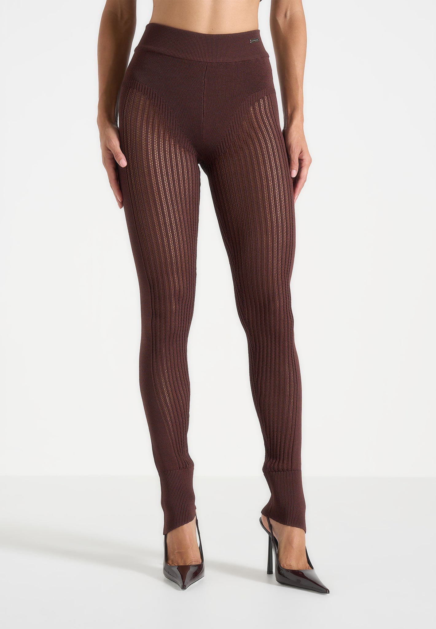 Knitted High Waisted Leggings - Brown
