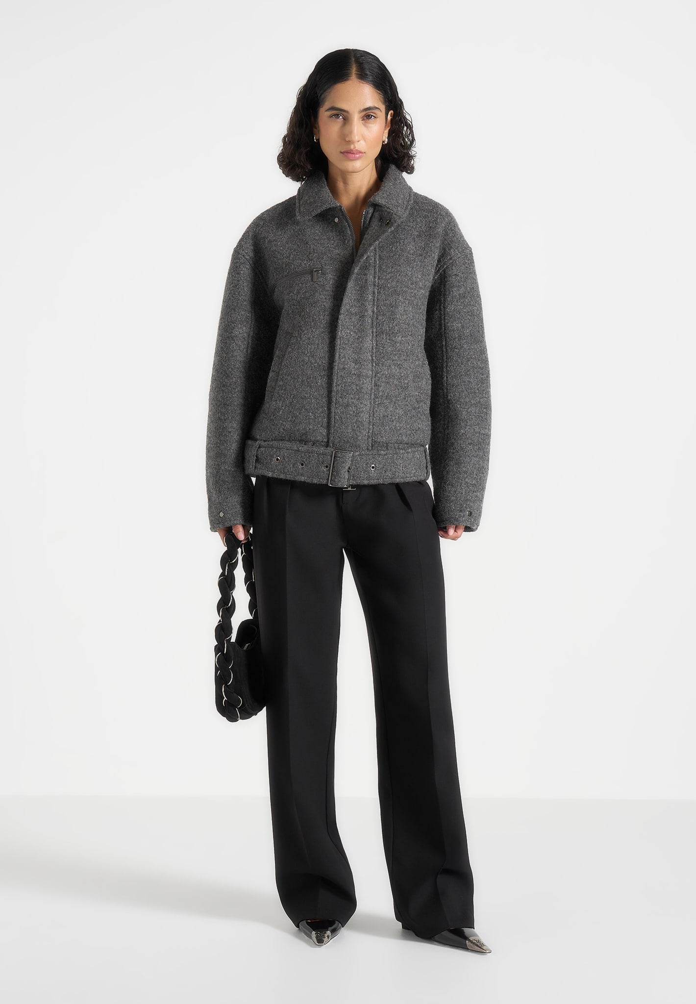 Ezra - Unisex Wool Belted Bomber Jacket - Grey