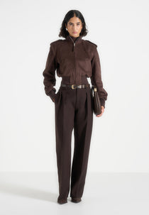 Delfina - Suede Layered-Shoulder Cropped Bomber Jacket - Brown