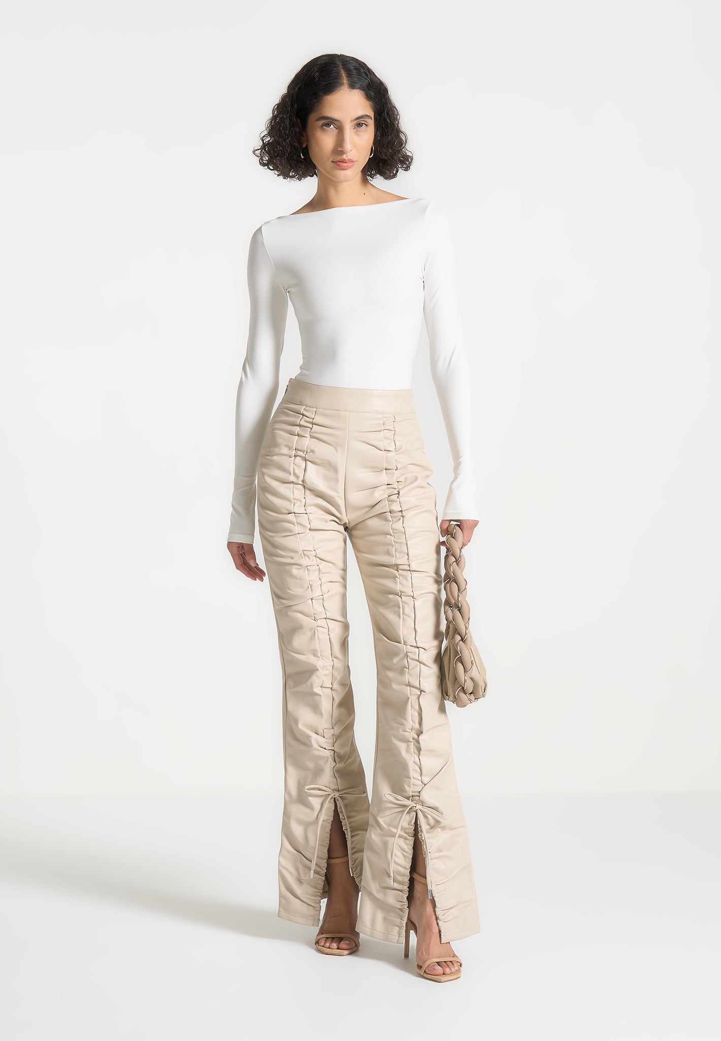 vegan-leather-ruched-trousers-beige