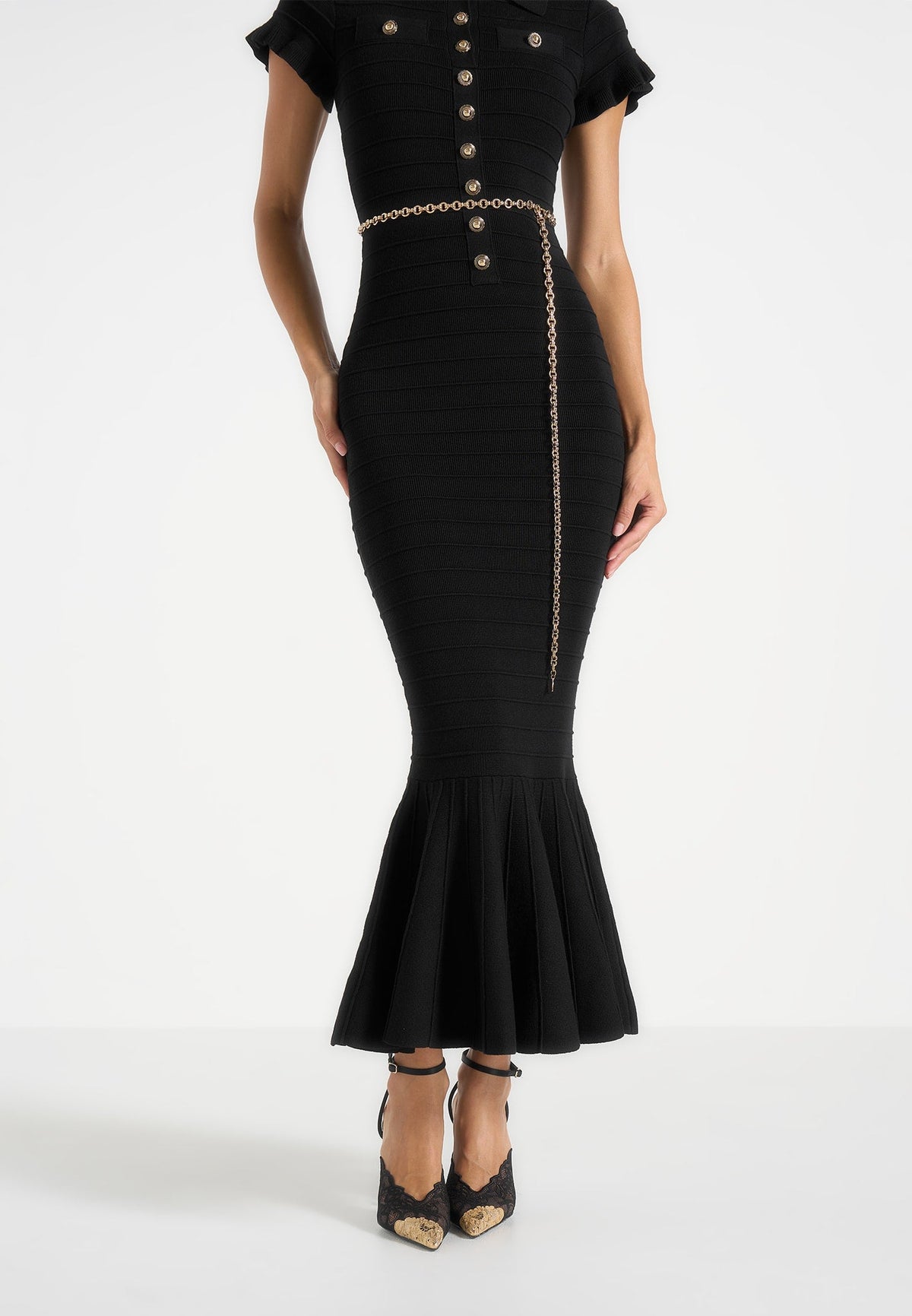 Fantine - Fluted Hem Ottoman Knit Midi Dress - Black