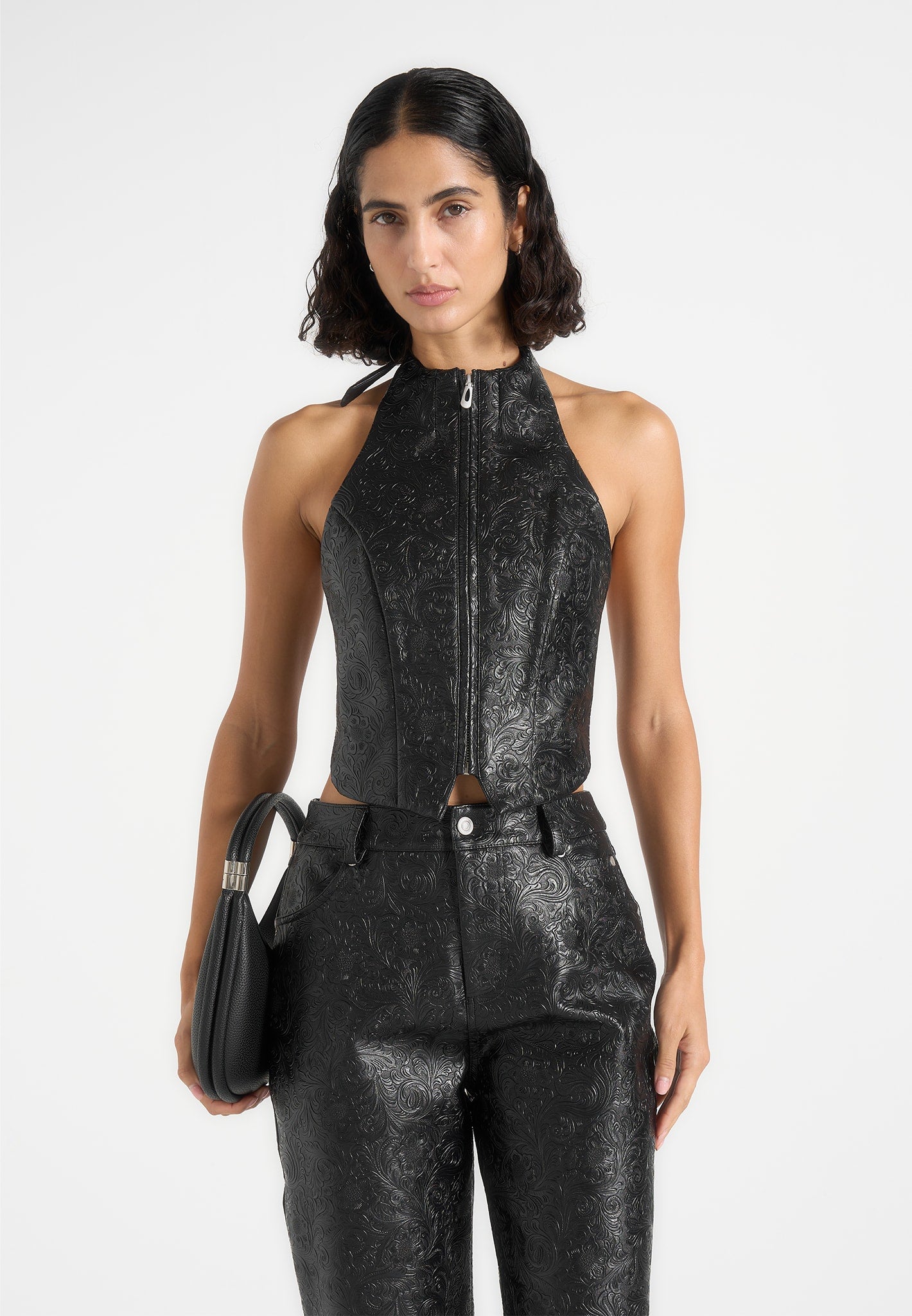 claudette-embossed-leather-halterneck-backless-top-black