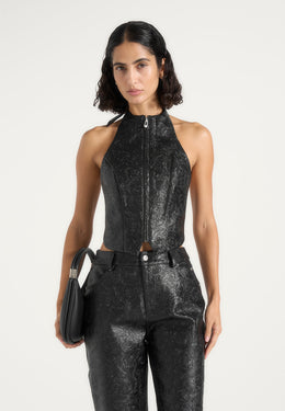 claudette-embossed-leather-halter-neck-backless-top-black