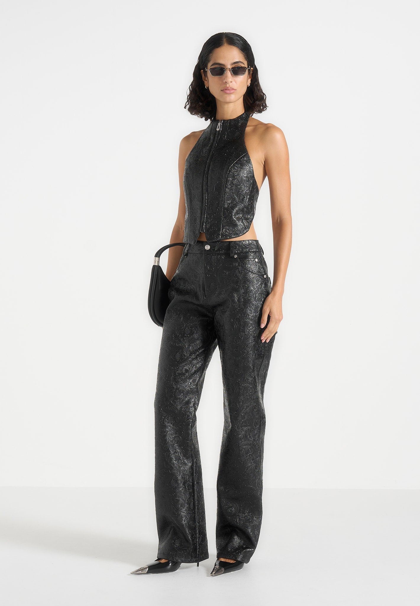 claudette-embossed-leather-halterneck-backless-top-black