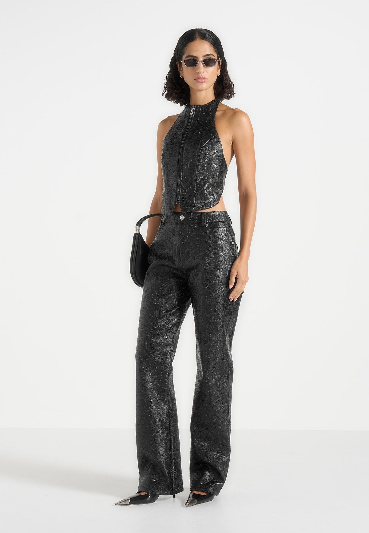 Claudette - Embossed Leather Halterneck Backless Top - Black