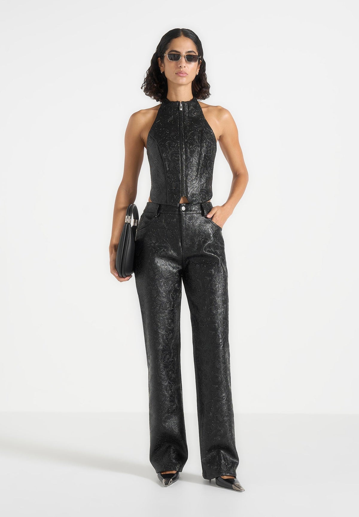 Ruth - Embossed Leather Mid Rise Trousers - Black