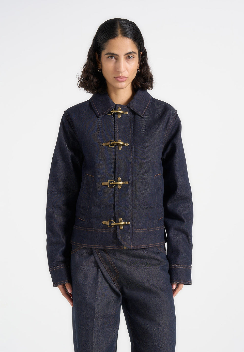 Nino - Unisex Clasp Detail Contrast Stitch Denim Jacket - Indigo