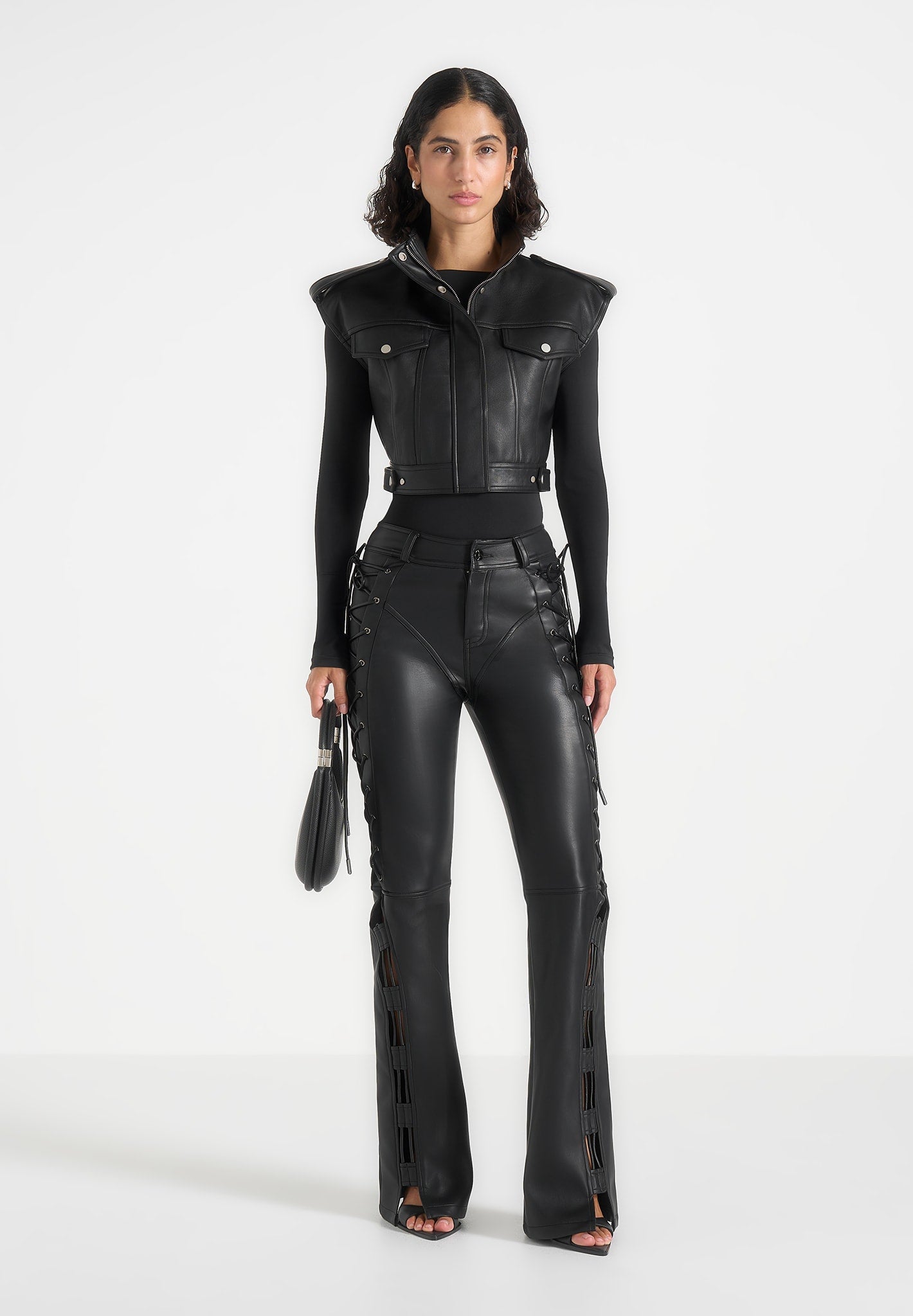 Imelda - Leather Cropped Wide Shoulder Sleeveless Jacket - Black