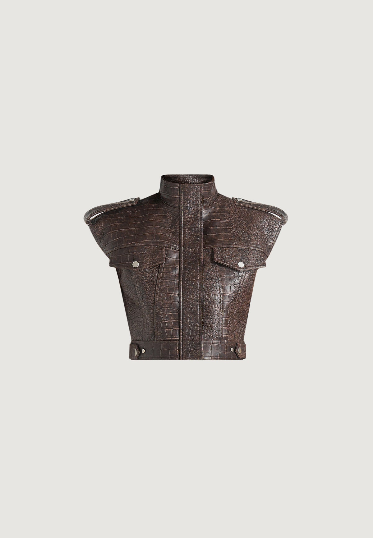 Imelda - Croc Embossed Wide Shoulder Sleeveless Jacket - Brown