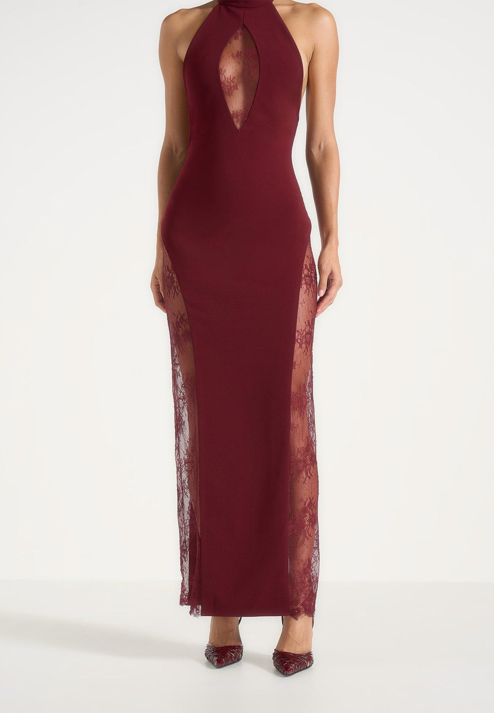 Jessica - Contour Lace Halter Drape Neck Maxi Dress - Wine Red
