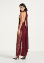 Jessica - Contour Lace Halter Drape Neck Maxi Dress - Wine Red