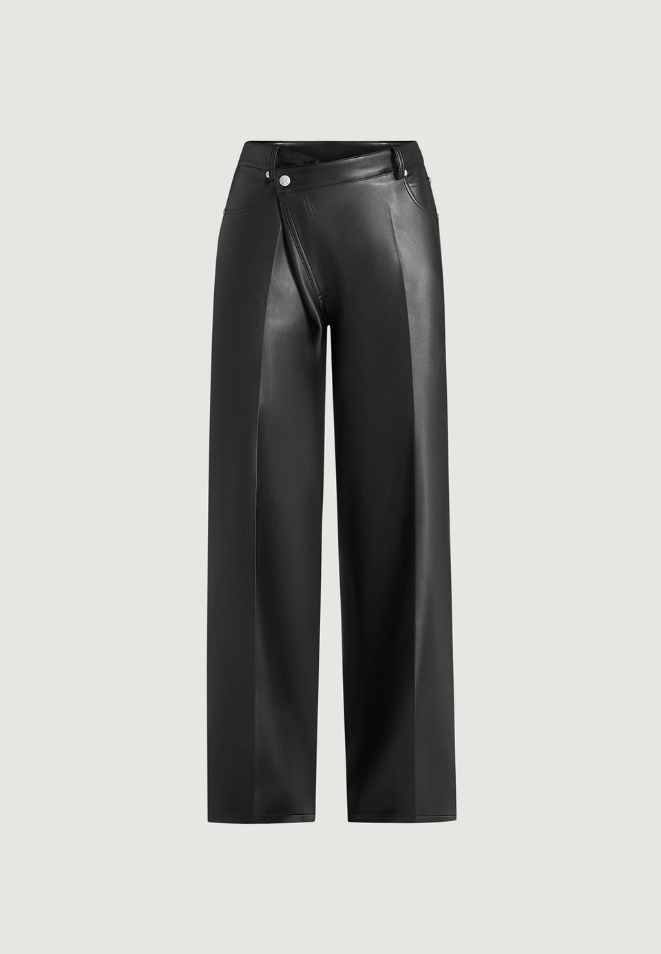 Astrid - Wrapover Wide Leg Leather Trousers - Black