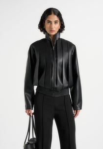 Kirsty - Oversized Pleated Leather Bomber Jacket - Black