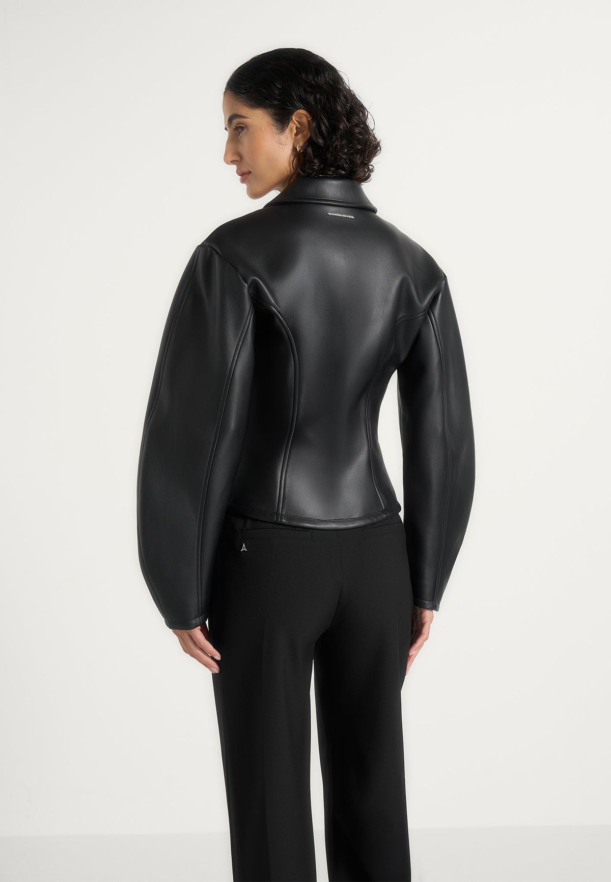 Maggie - Leather Collared Hourglass Jacket - Black
