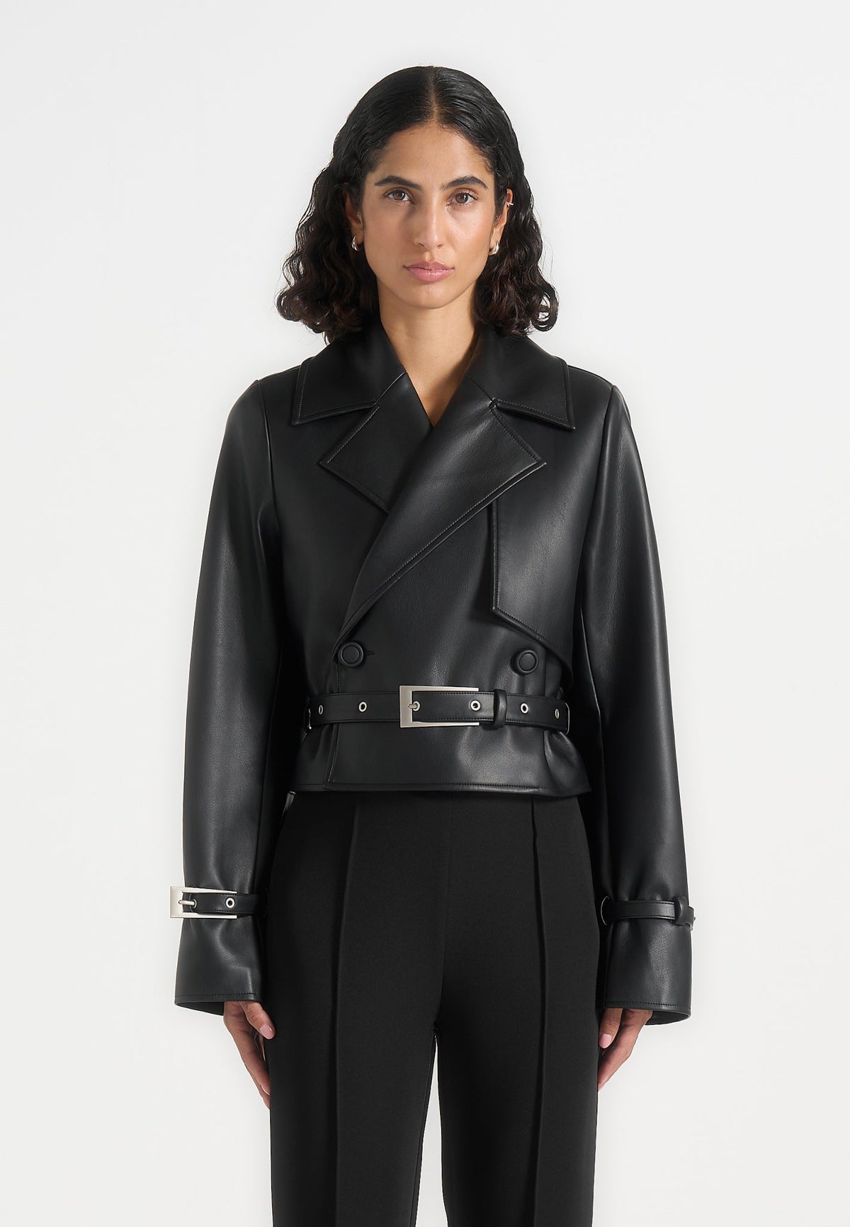 Amara - Cropped Leather Belted Biker Jacket - Black