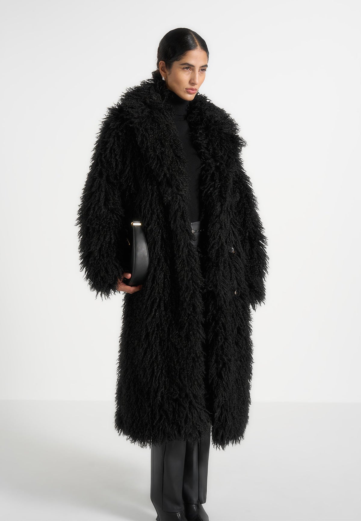Bria - Oversized Mongolian Fur Coat With Belt - Black