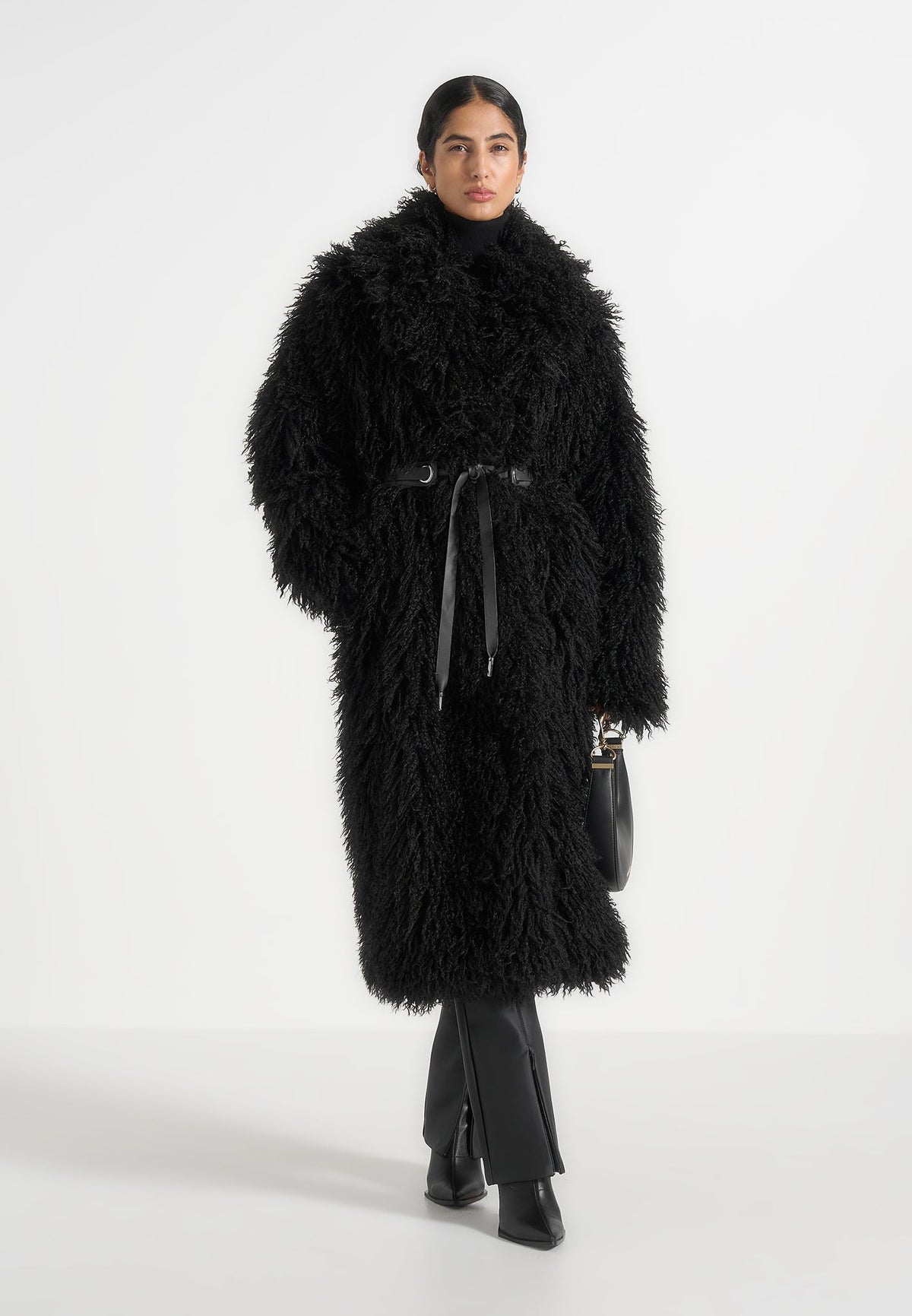 Bria - Oversized Mongolian Fur Coat With Belt - Black