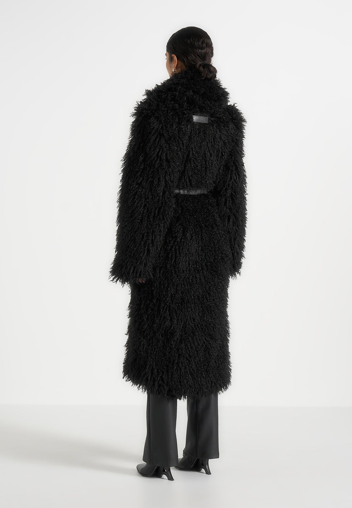 Bria - Oversized Mongolian Fur Coat With Belt - Black
