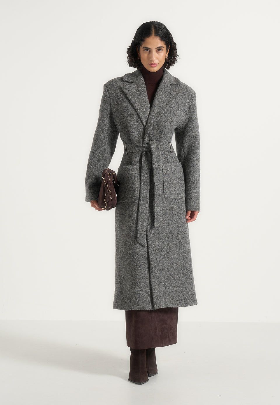 Jena - Wide Shoulder Wool Coat with Cinch Belt - Grey