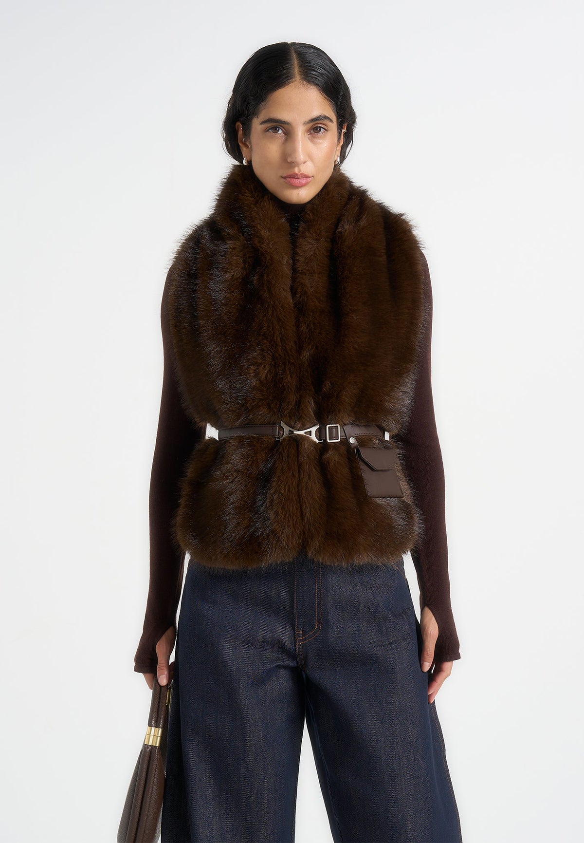 Greta - Belted Fur Wrap Jacket With Pouch - Brown