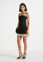 Fiore - Halter Neck Mini Dress With Long Sash - Black / Champagne