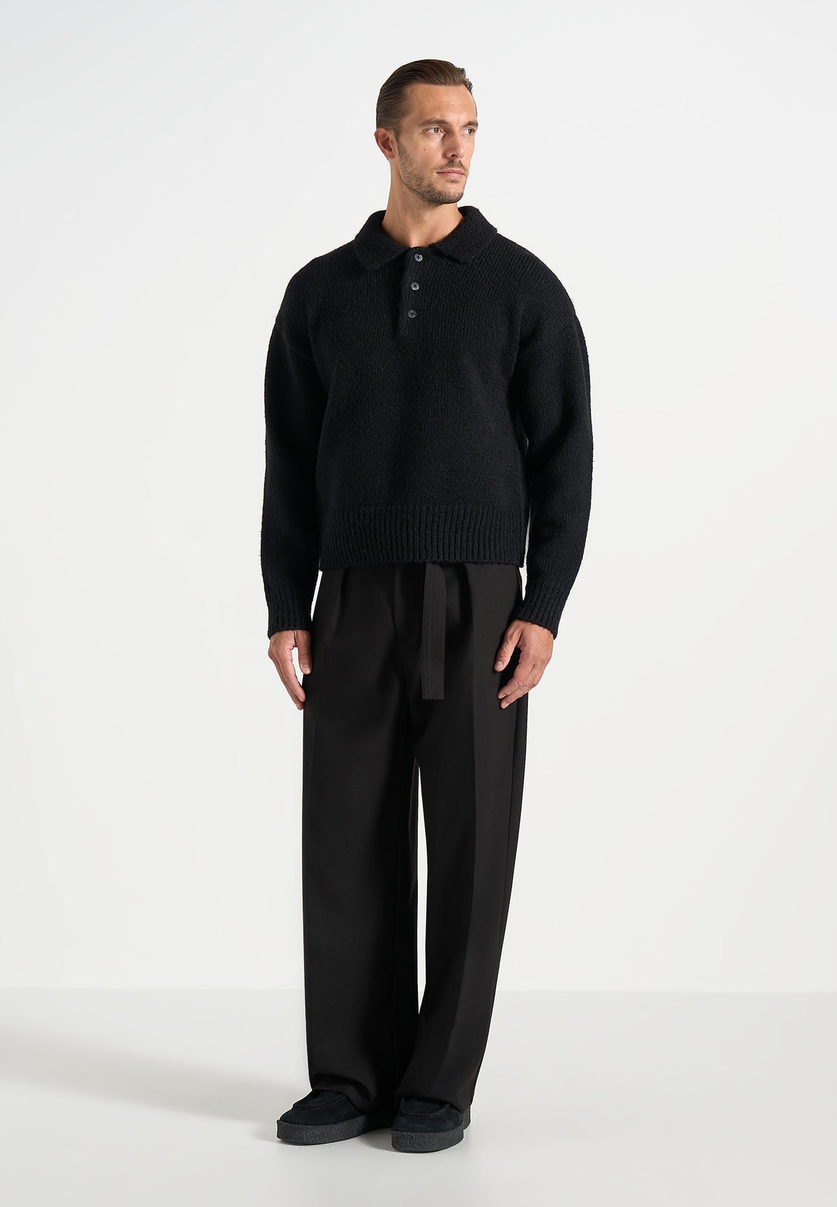 Finn - Brushed Wool-Blend Polo Knit Jumper - Black