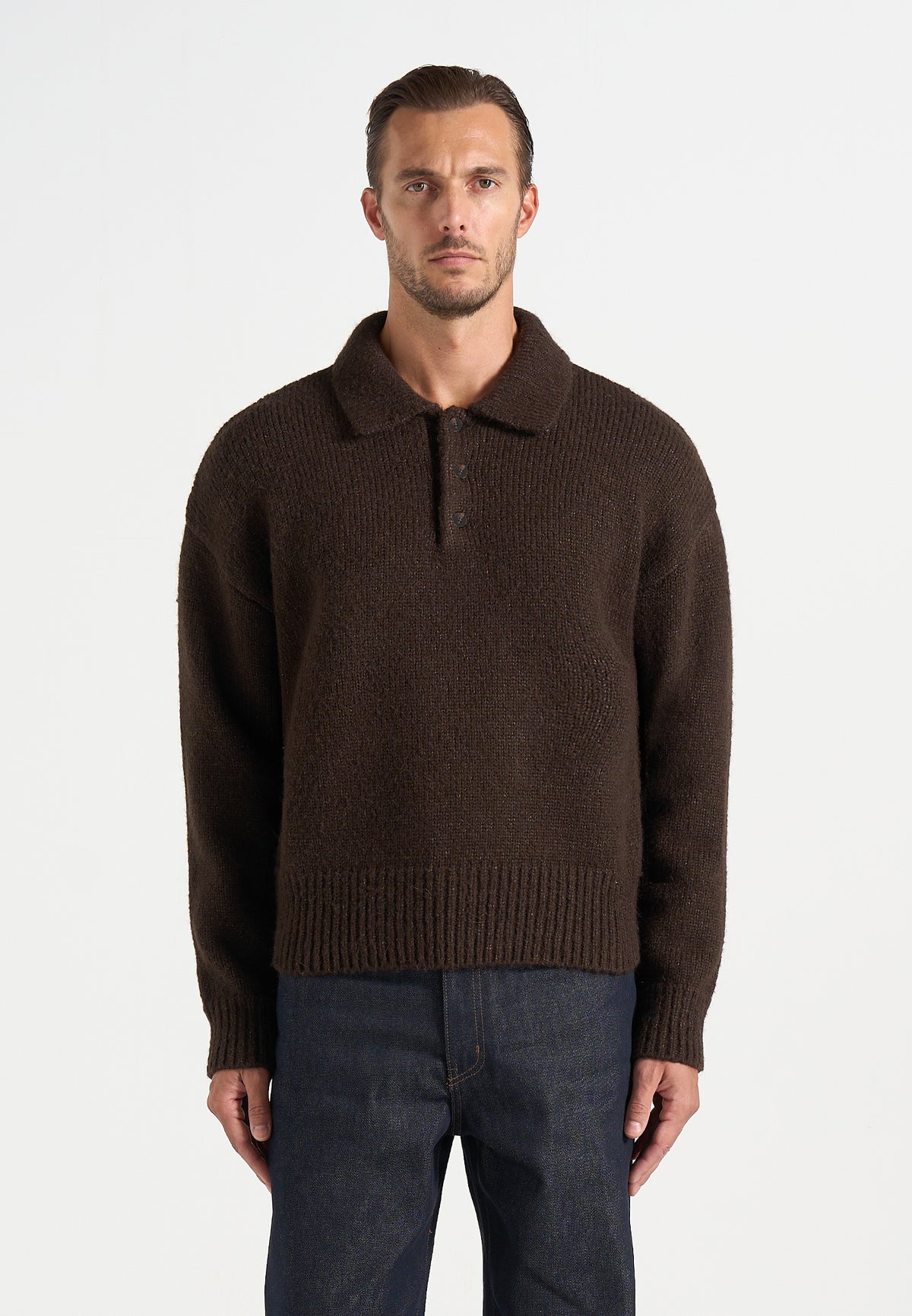 Finn - Brushed Wool-Blend Polo Knit Jumper - Brown