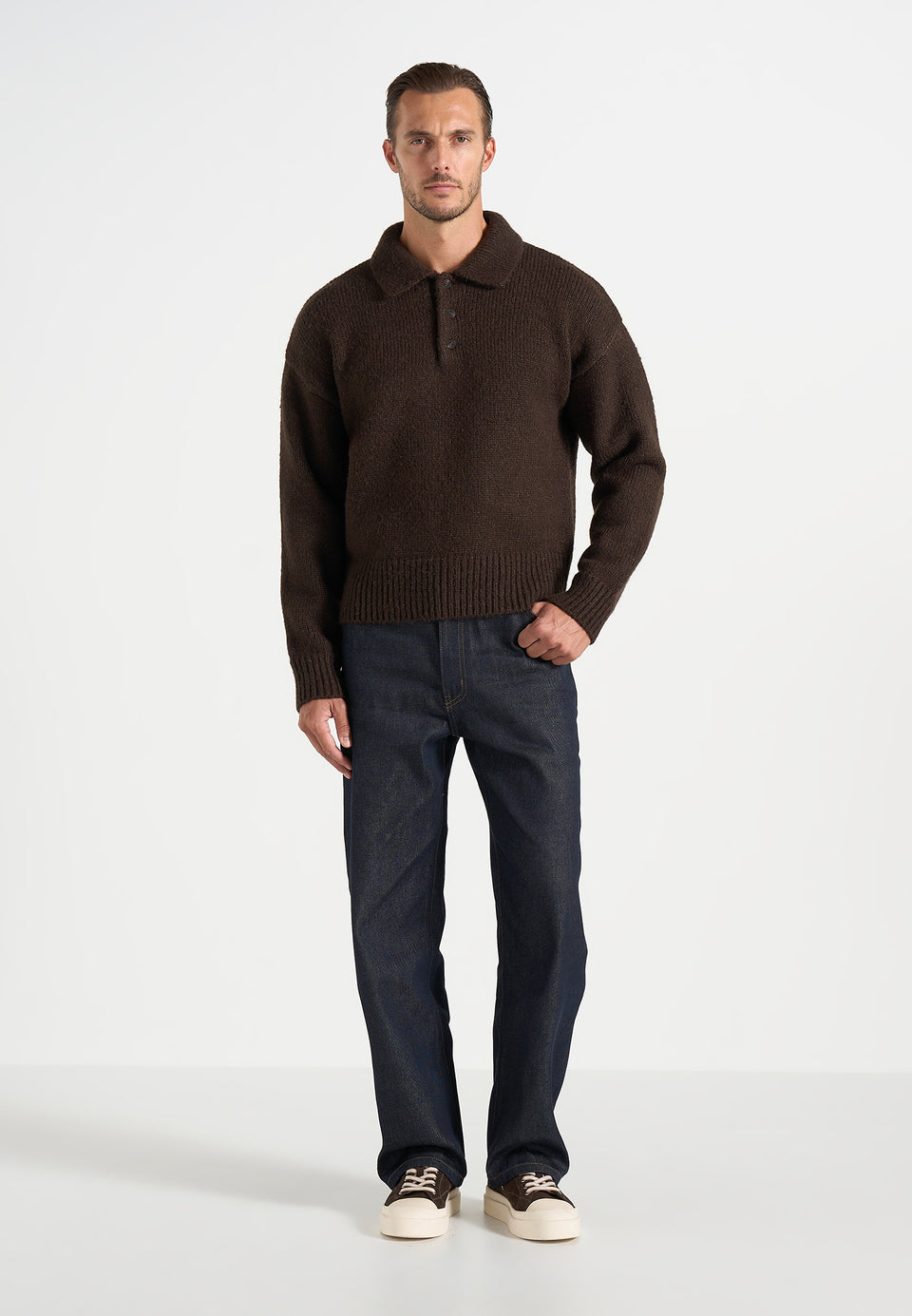 Finn - Brushed Wool-Blend Polo Knit Jumper - Brown