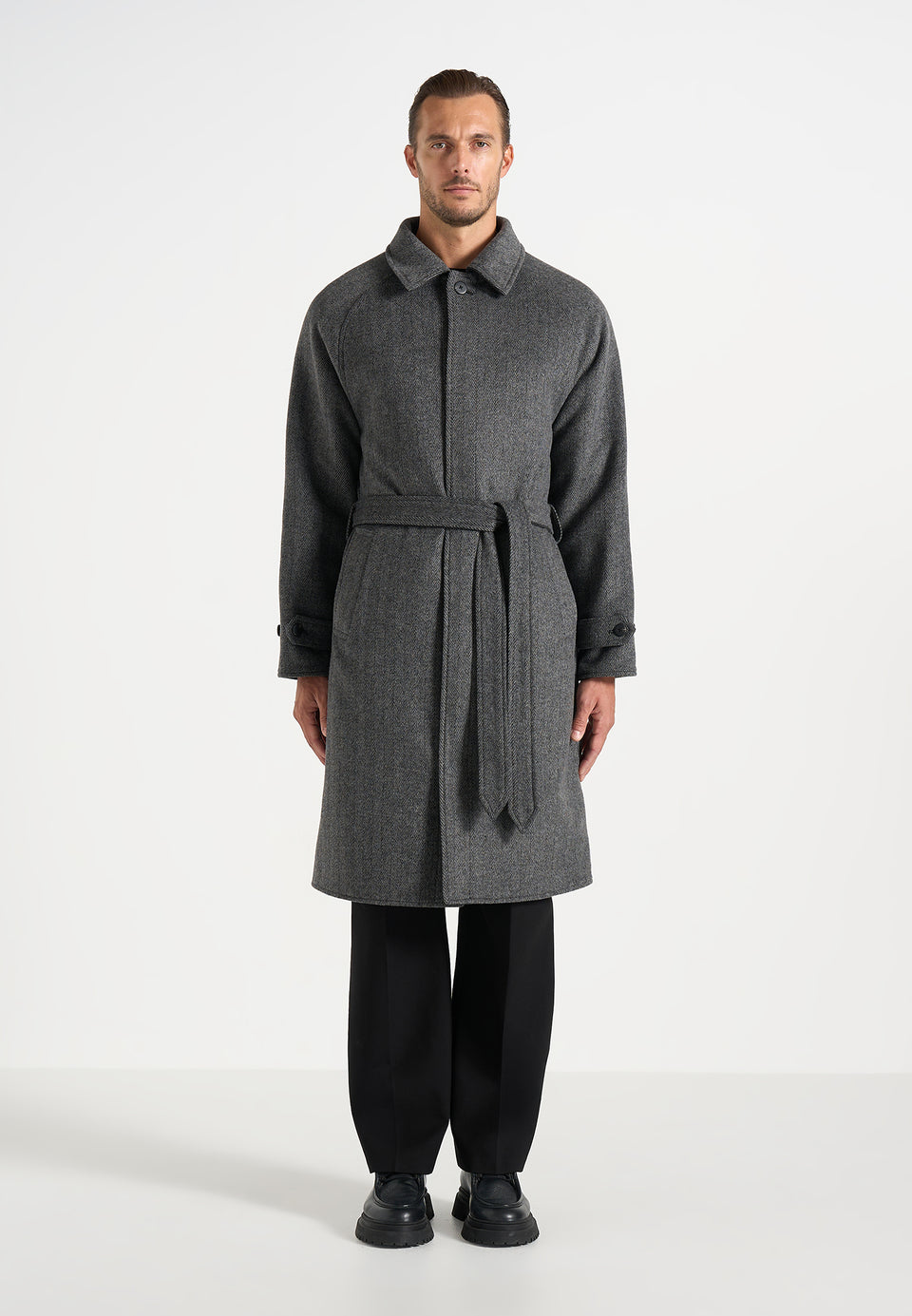 Alfie - Reversible Belted Wool Blend Car Coat - Grey / Black