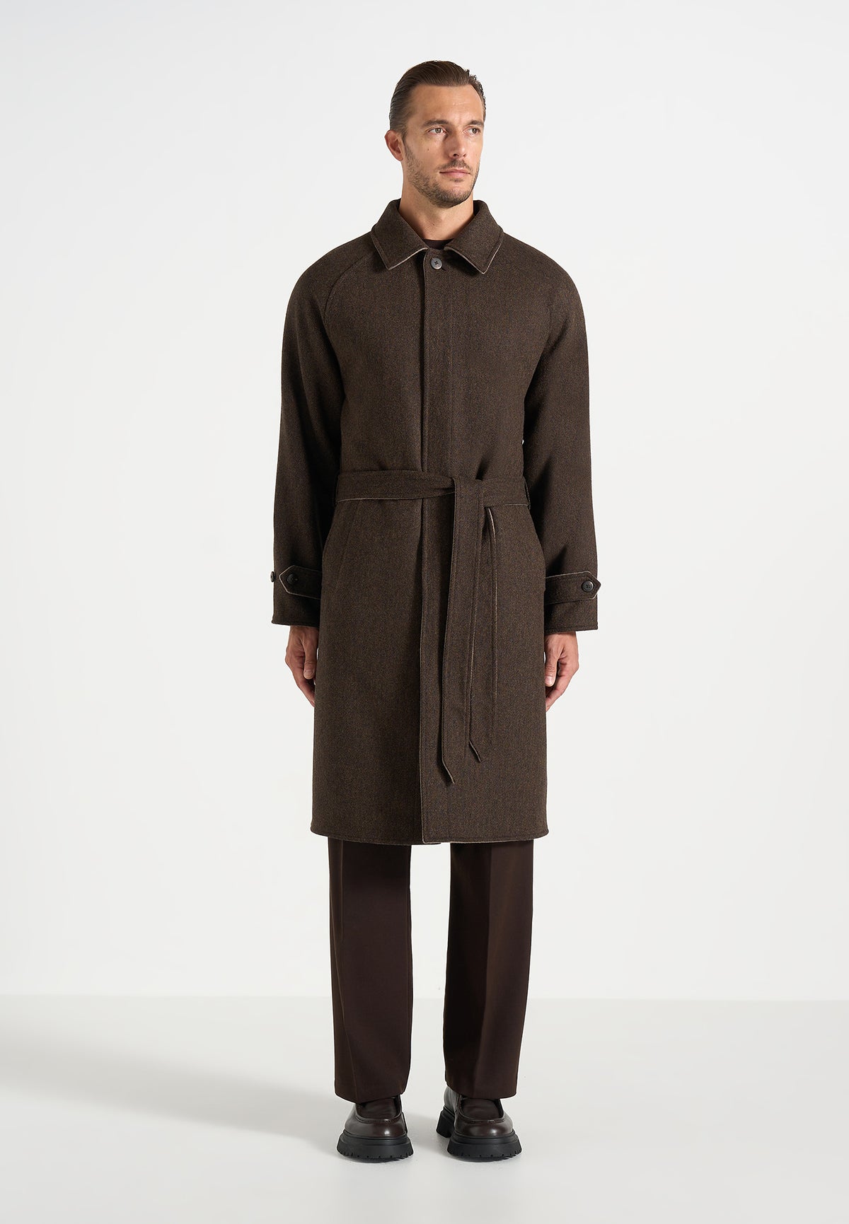 Alfie - Reversible Belted Wool Blend Car Coat - Brown / Taupe
