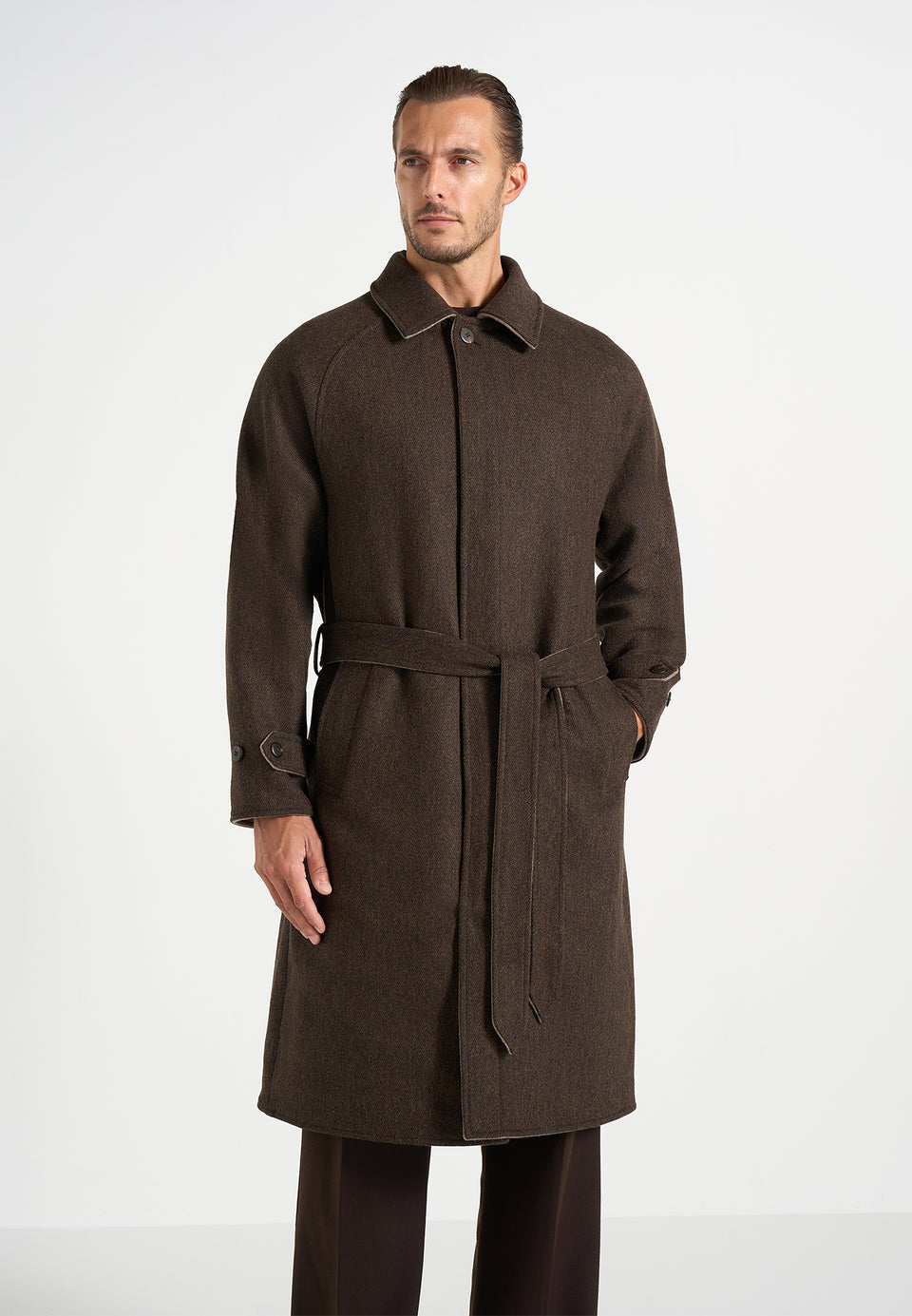 Alfie - Reversible Belted Wool Blend Car Coat - Brown / Taupe