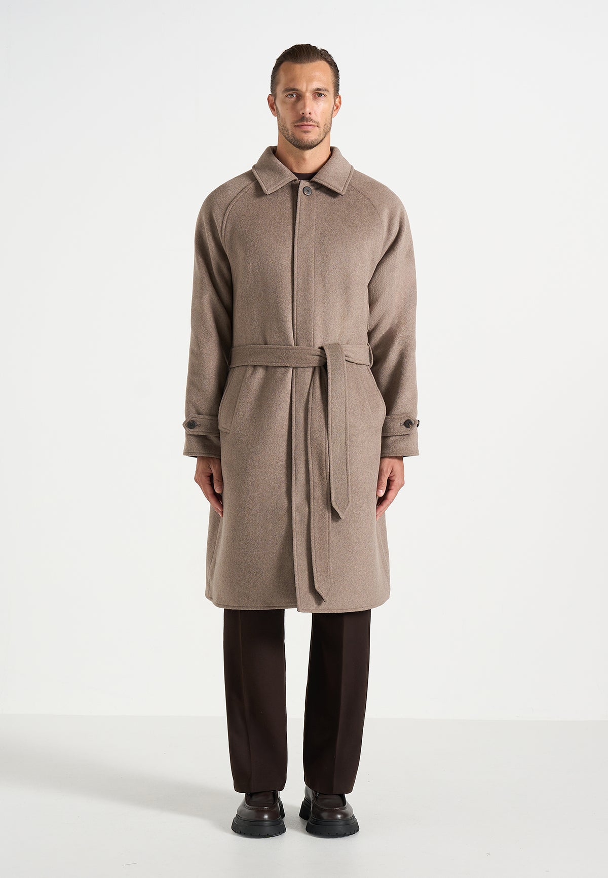 Alfie - Reversible Belted Wool Blend Car Coat - Brown / Taupe