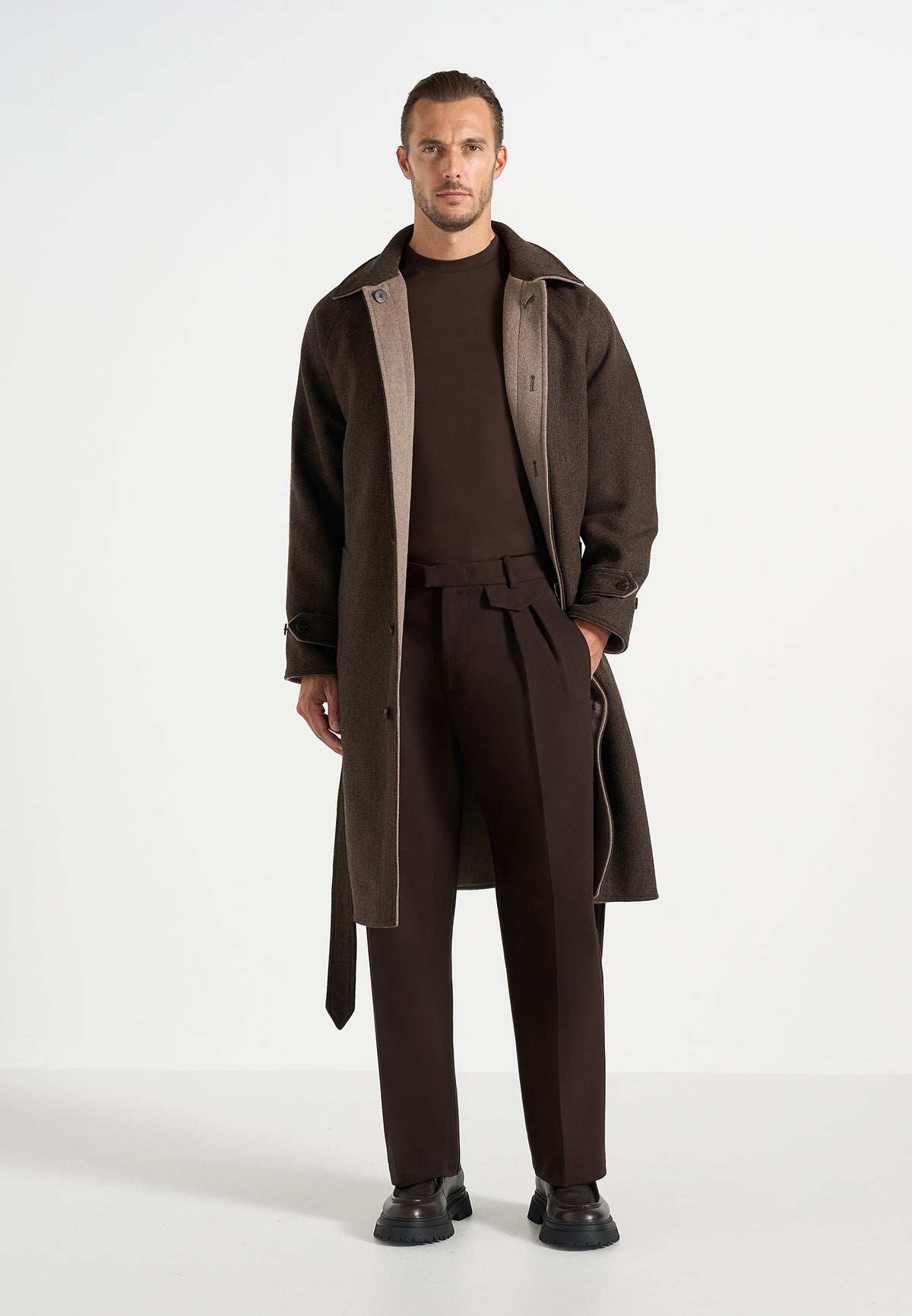 Alfie - Reversible Belted Wool Blend Car Coat - Brown / Taupe