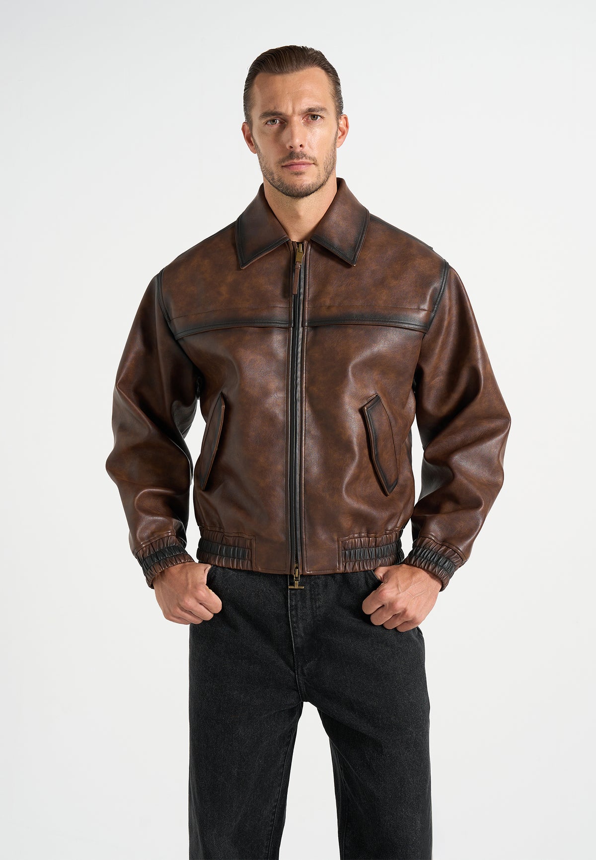 Clint - Vintage Leather Bomber Jacket - Brown